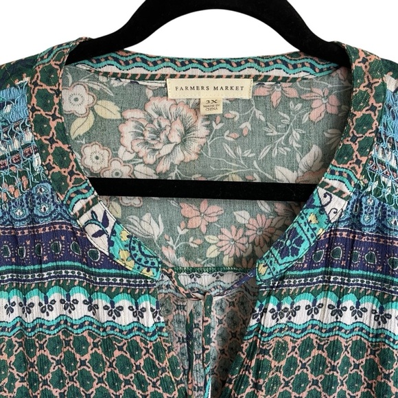 Farmer’s Market Blue and Green Relaxed Tie Front Blouse 3X - Picture 2 of 11